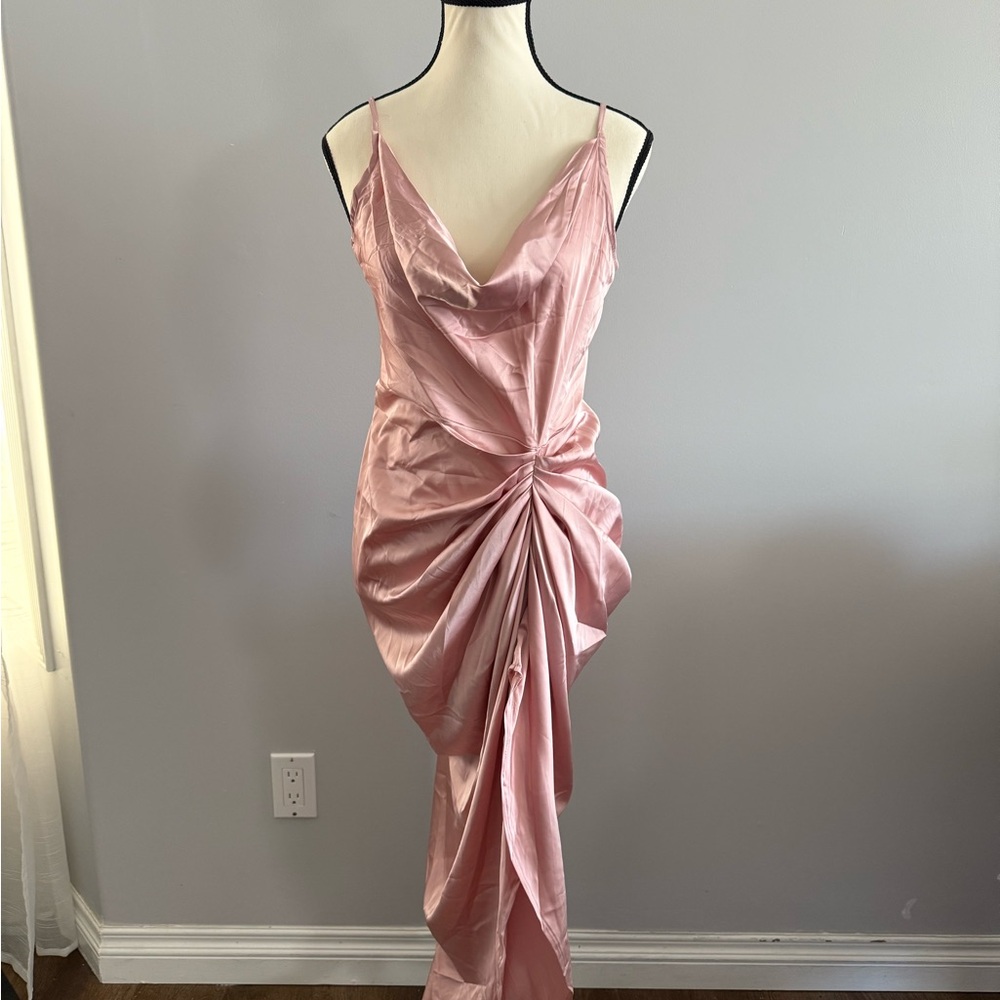 Size 10- PrettyLittleThing Rose Satin Strappy CowlNeck Side Gathered Midi Dress